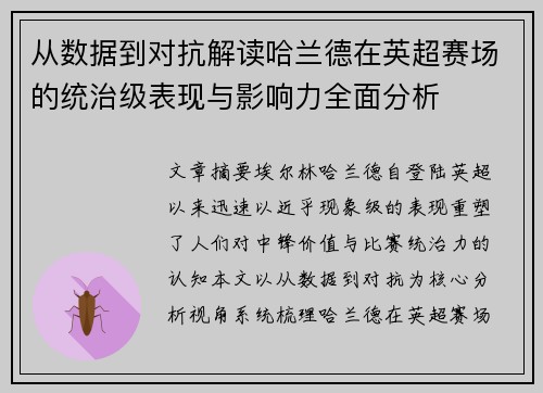 从数据到对抗解读哈兰德在英超赛场的统治级表现与影响力全面分析