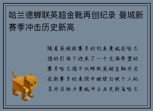 哈兰德蝉联英超金靴再创纪录 曼城新赛季冲击历史新高