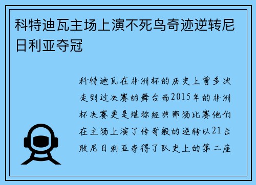 科特迪瓦主场上演不死鸟奇迹逆转尼日利亚夺冠